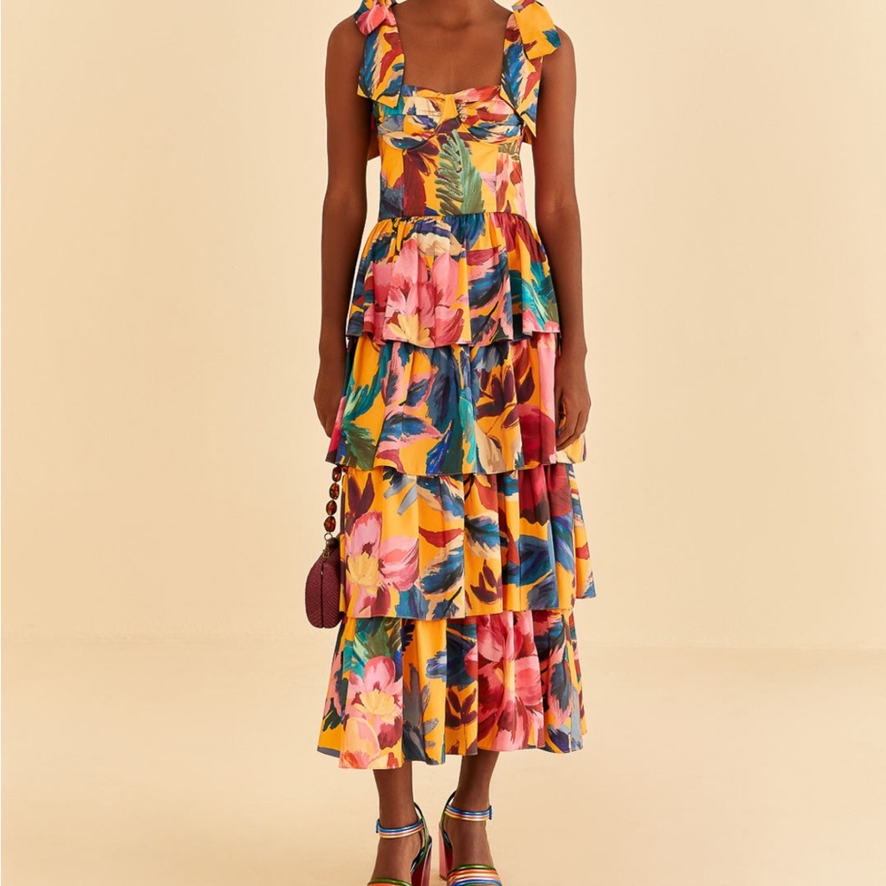 NWOT Farm Rio Yellow Flowers Tiered Midi Dress